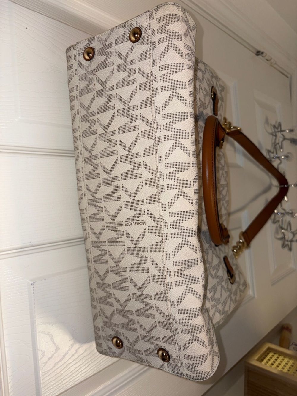 Michael Kors Vanilla MK Logo Shoulder Tote with Brown Trim - Picture 4 of 5